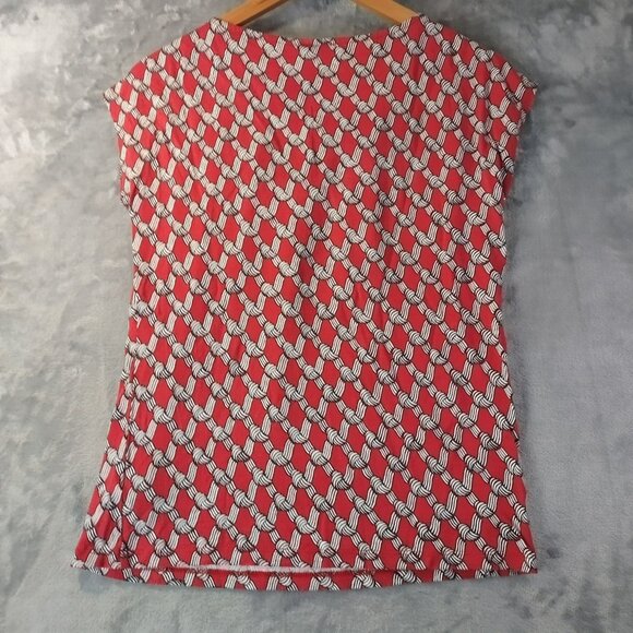 Talbots Women Geometric Print Blouse XS Red Short Sleeve Rayon Career Classic - Picture 3 of 8